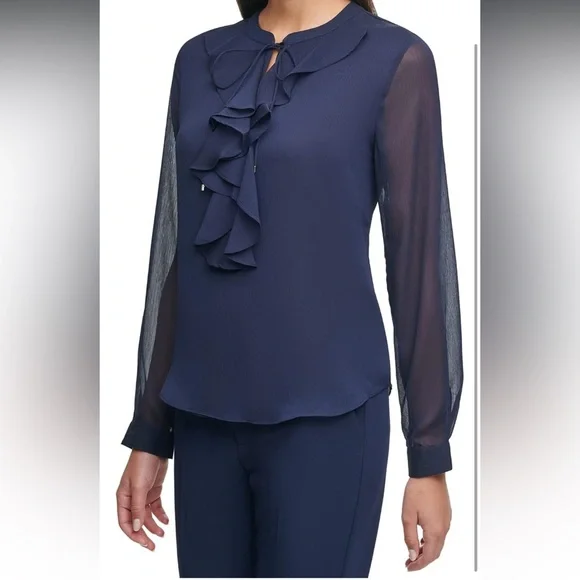 TOMMY HILFIGER Women's Classic Long Sleeve Ruffle Front Blouse Blouse - Midnight - Picture 5 of 11